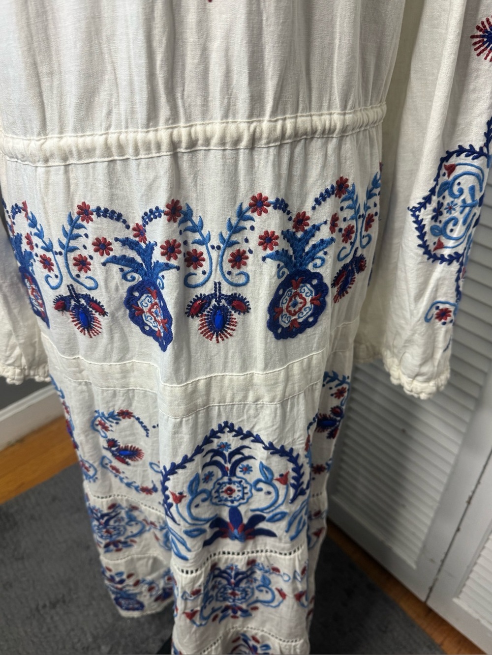 Farm Rio Linen Blend Embroidered Midi White Navy Boho Peasant Artsy Dress XL - Picture 4 of 16